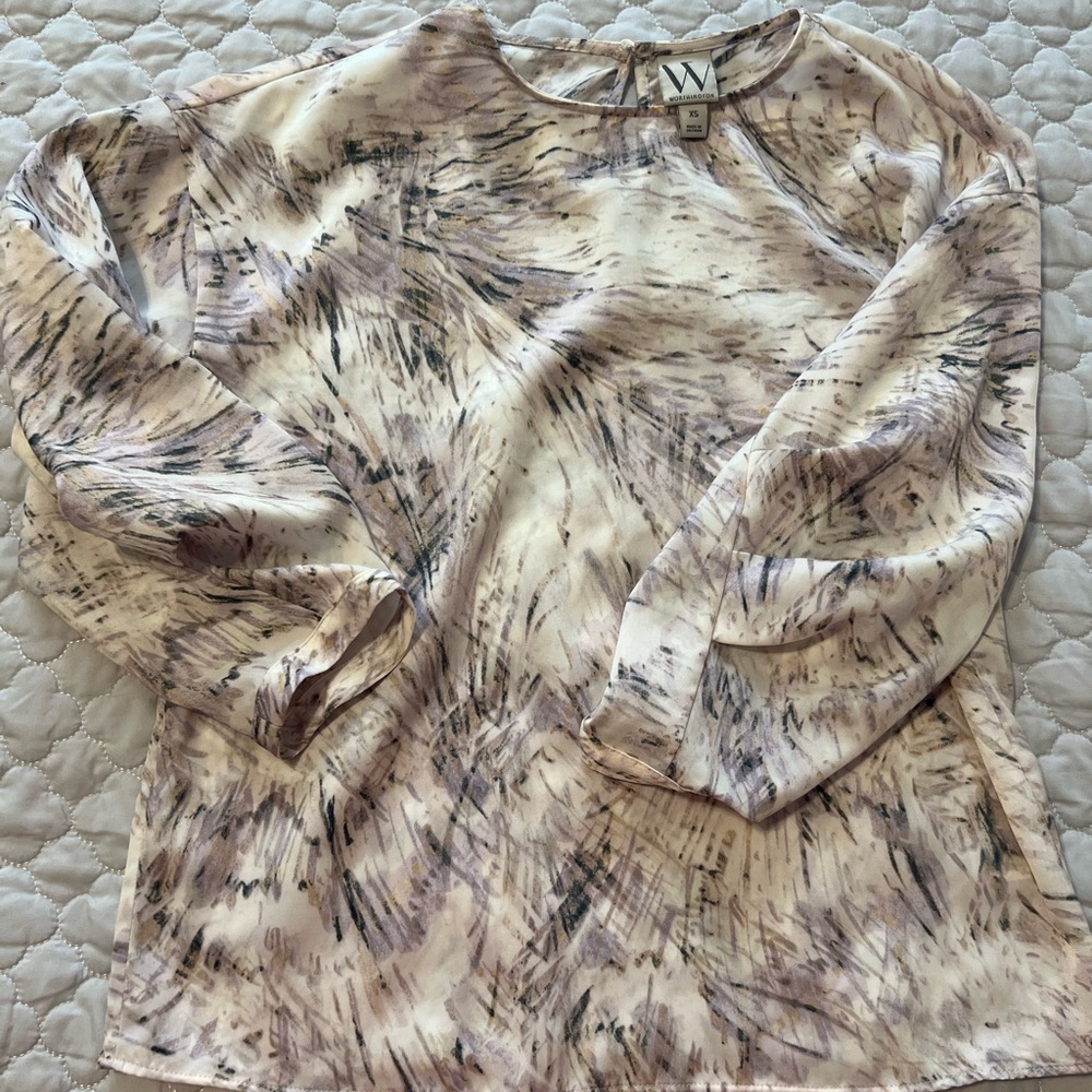 Worthington Cream and Tan 3/4 Sleeve Relaxed Blouse